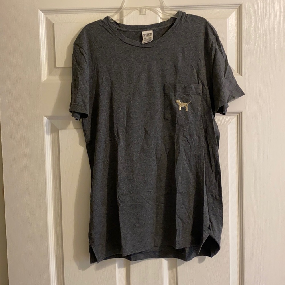 Grey vs pink comfort tee with gold sequin dog